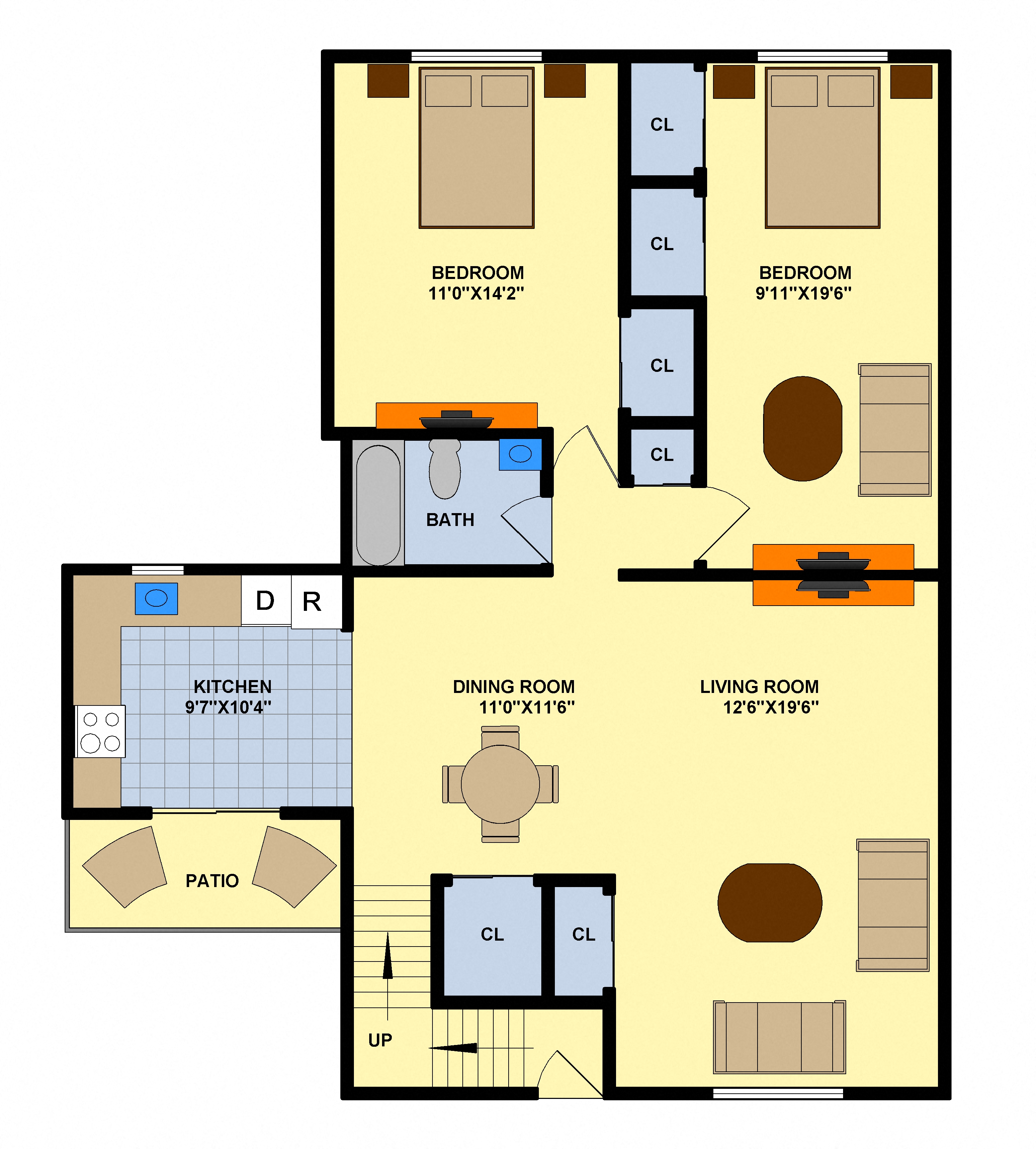 Floor plan for 2 beds, 1 bath, 950 sqft